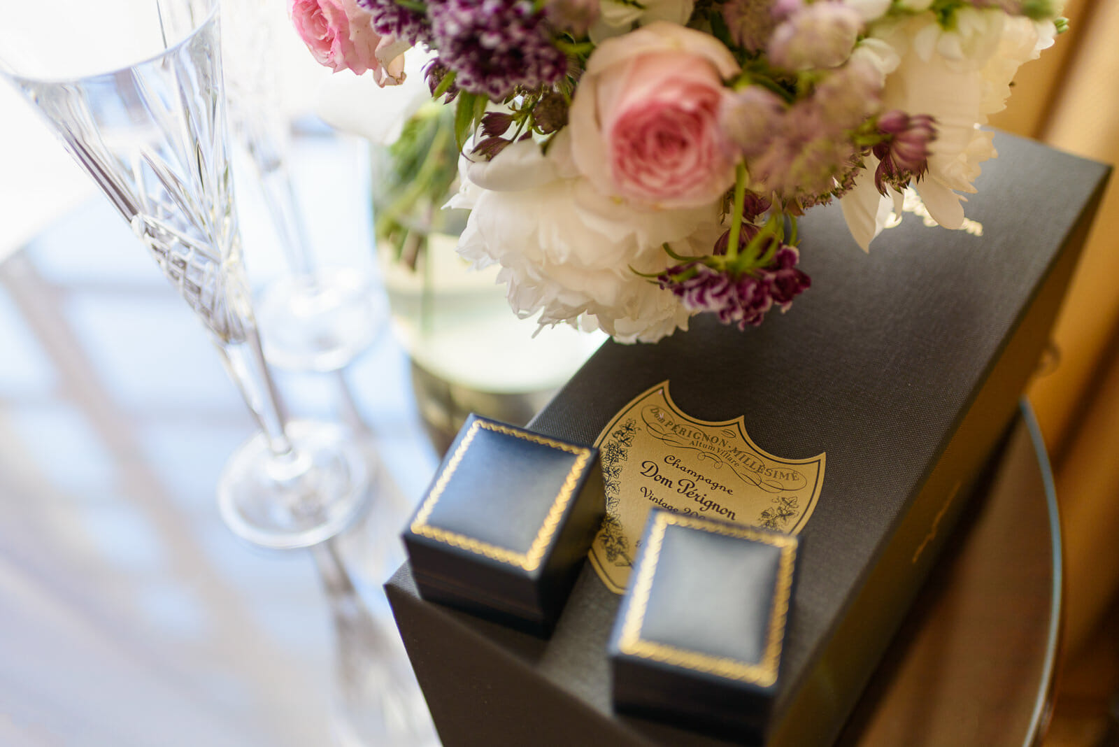 wedding rings and champagne for Paris elopement Shangri la