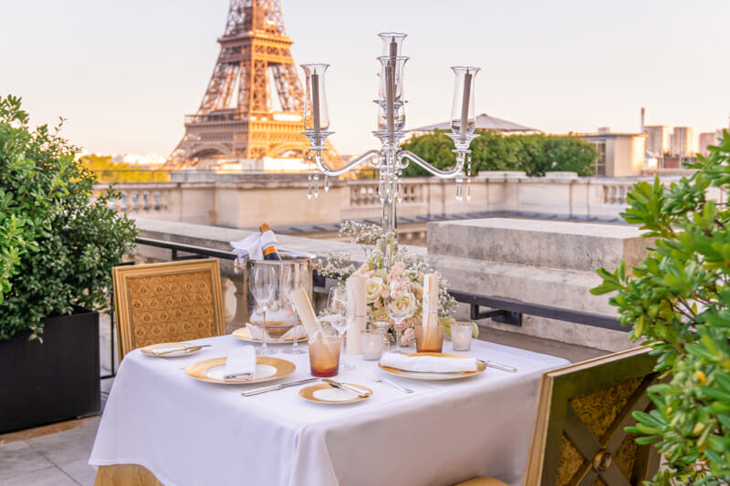 Make your first dinner as a newly-engaged count with spectacular views of the Eiffel Tower at the Shangri-La Paris.