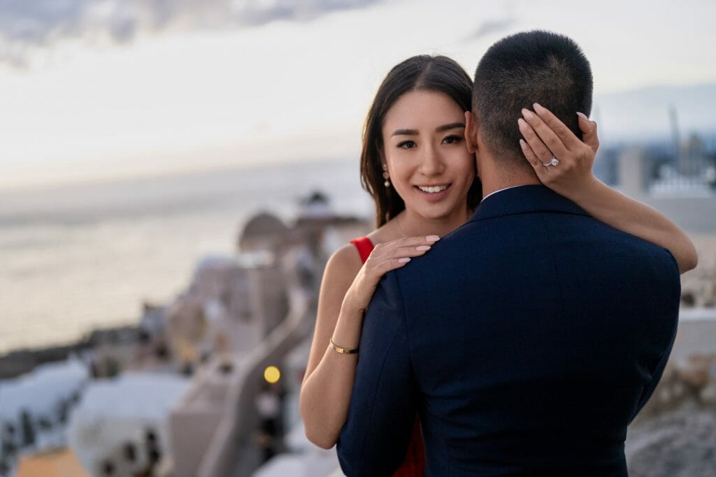 Unique engagement photos in Santorini at night