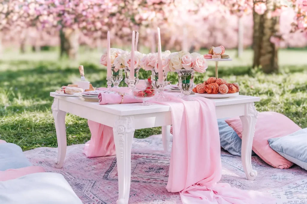 Ideas para sesiones de fotos de pareja con estilo de picnic en el Parque de las Secciones, París, fotos de compromiso con flores de cerezo