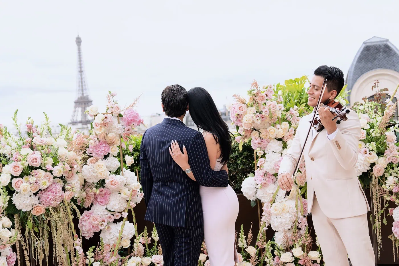 Peninsula Paris Secret Table Proposal — Eiffel Tower Terrace with stylish master violinist