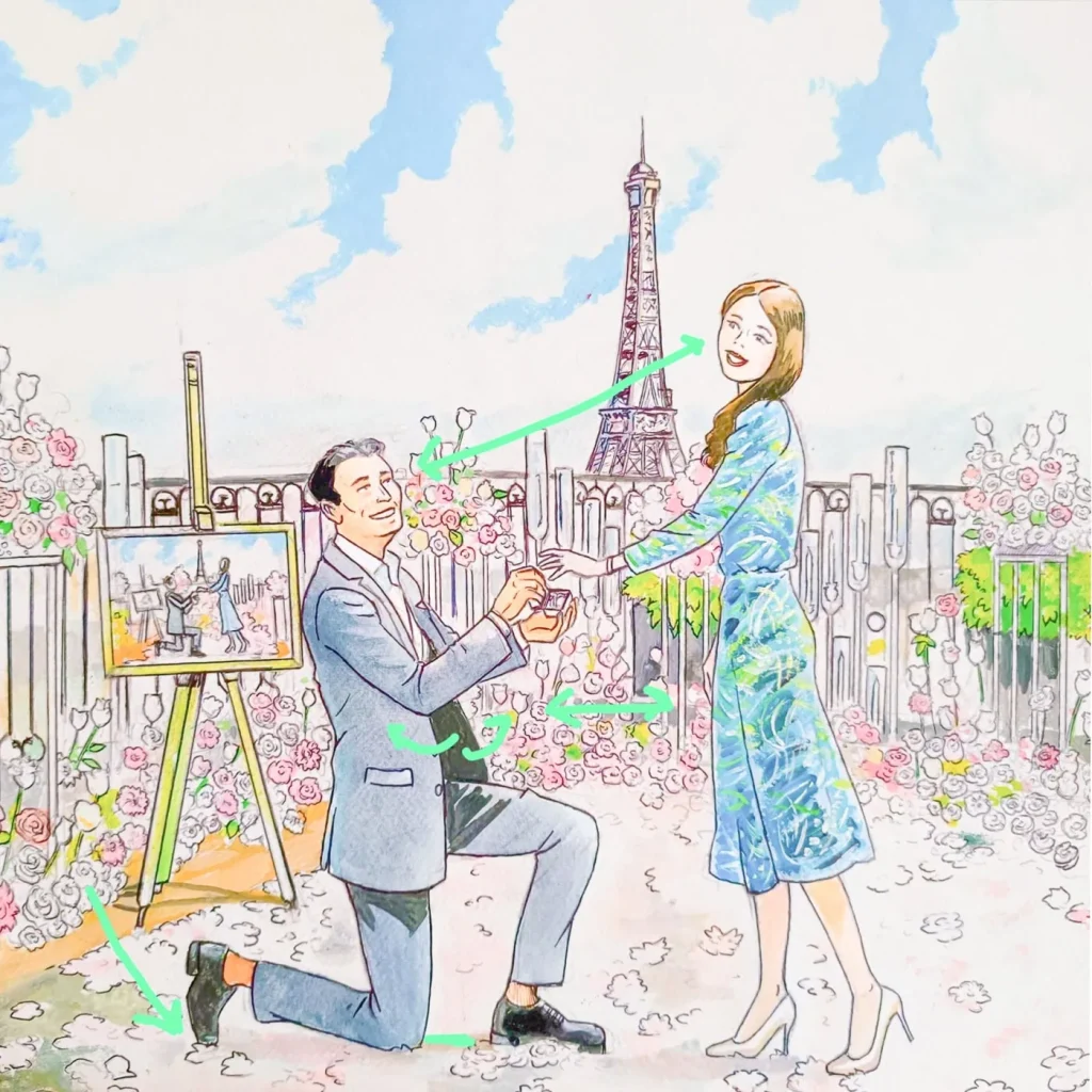 Illustration der idealen Haltung für einen Heiratsantrag in Paris – ein Mann kniet am Trocadéro vor dem Eiffelturm und zeigt die perfekte Kniehaltung: Die Zehen des hinteren Fußes zeigen nach unten, die Ringschachtel ist geöffnet, das Jackett aufgeknöpft – die optimale Position für den Ringtausch.
