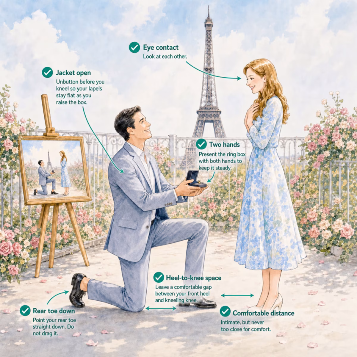 Illustration of a man proposing on his right knee at Trocadéro with the Eiffel Tower behind, annotated with six posture details for a marriage proposal.